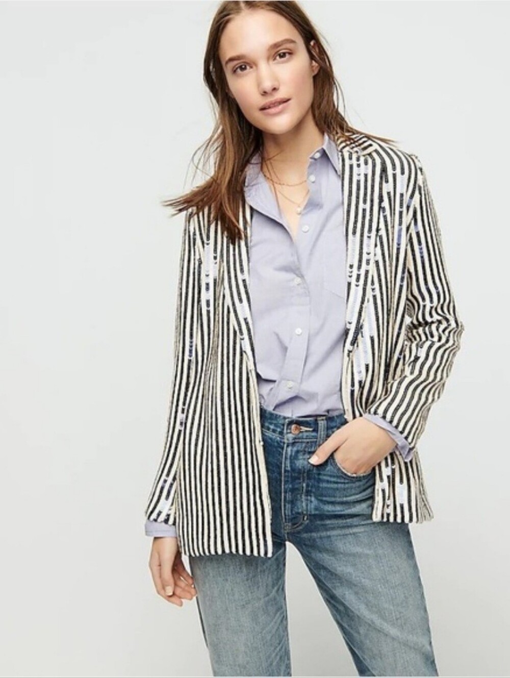 J.Crew Collection Sequin Stripe Drapey Blazer White‎ Black Size S